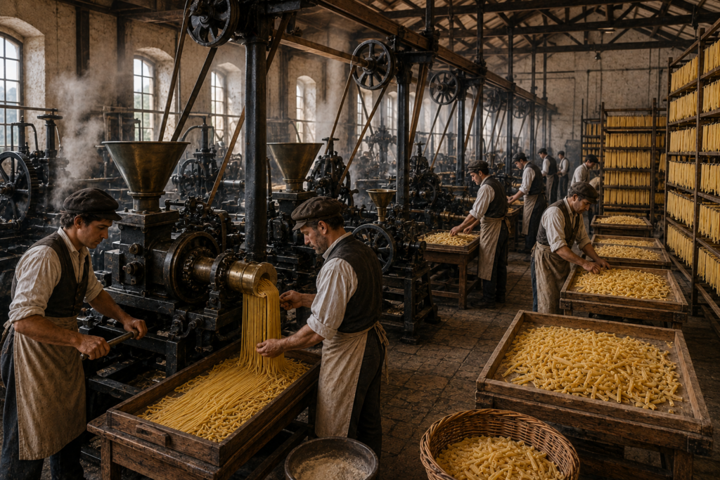 Im 19. Jahrhundert hielten Maschinen und Dampfkraft Einzug in die Pasta-Herstellung. Aus kleinen Werkstätten entstanden die ersten modernen Pastafabriken.